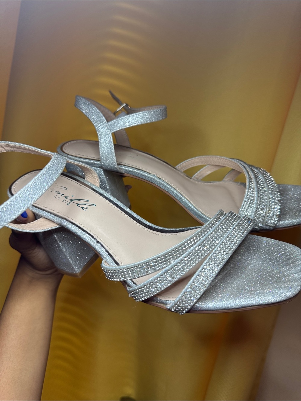 Camille La Vie Silver Glitter Strappy Block Heel Sandals